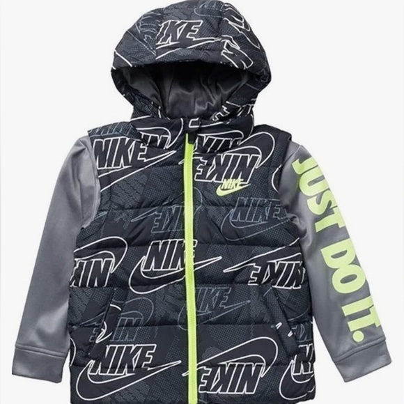 Nike Therma boys full zip puffer hoodie padded mock vest jacket black / volt M - Picture 13 of 13
